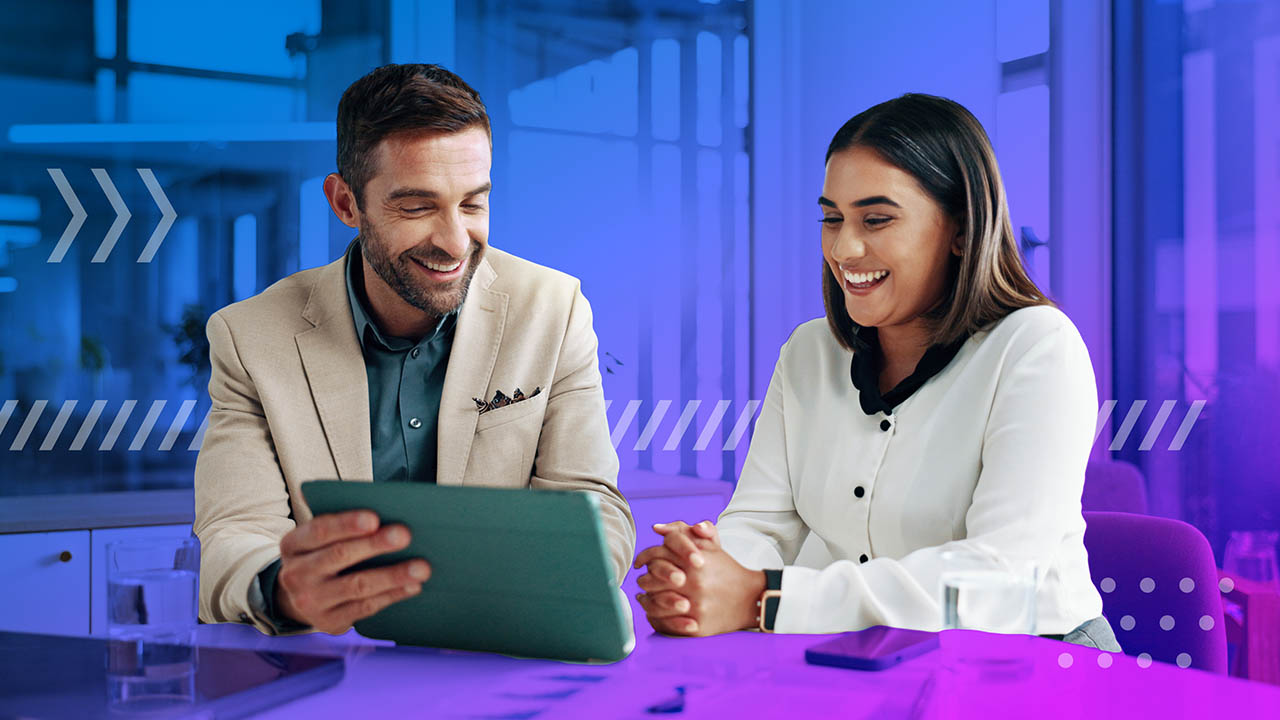 Research, teamwork and people with tablet, business and review of ad campaign performance or media buyer. Collaboration, smile and tech for digital marketing in office, website and happy in meeting